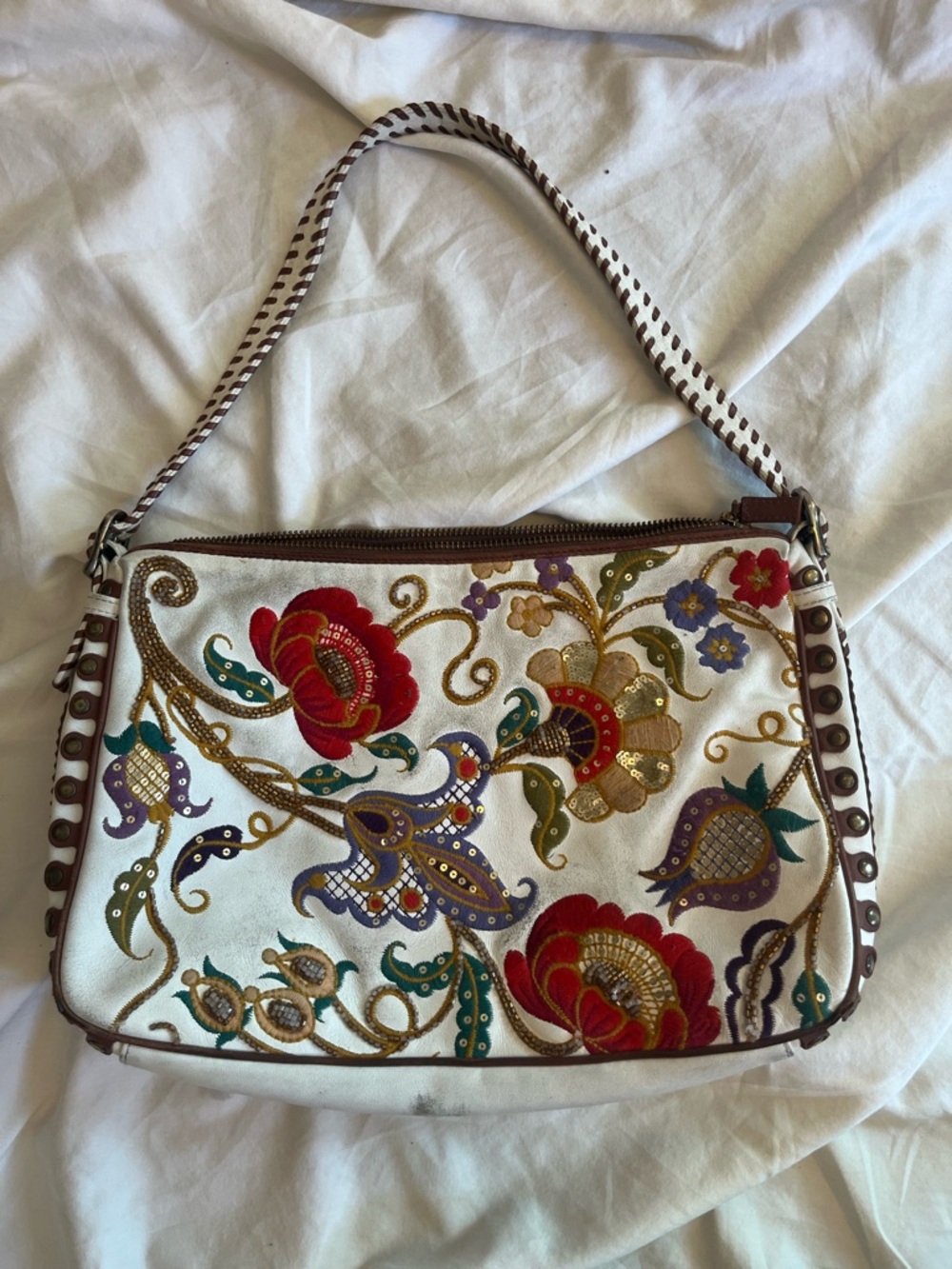 Isabella Fiore White Floral Embroidered Shoulder Bag with Multicolor Accents